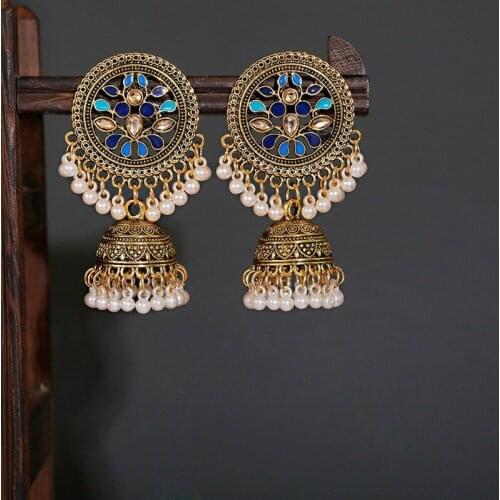 Ethnic Womens Big Round Bollywood Oxidized Indian Earrings Vintage Flower Bohemian Pearl Tassel Jhumka Earrings