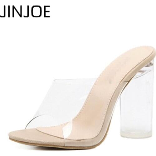 JINJOE female European station Fashion crystal heel Extra high heels transparent Open toe sandals Womens Shoes Big size 35-40