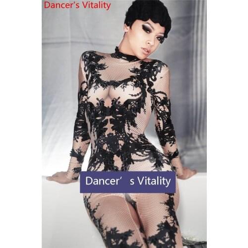 Carnival Party Singer Acrobatics Pole Jazz Dancers DJ Black Printing Rhinestone Stretch Bottoming Catsuit Performance Costume