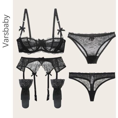 Varsbaby sexy half cup underwear 5 pcs bras+garters+panties+thongs+stockings A B C D bra set