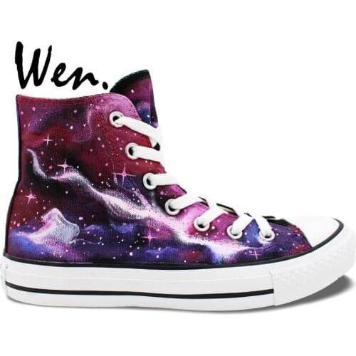 Wen Original Hand Painted Sneakers Design Custom Purple White Galaxy Planet Stars High Top Men Womens Canvas Shoes