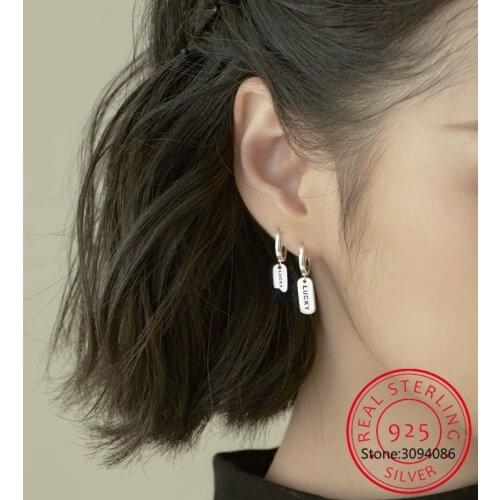Lucky Letter Square Asymmetric Hoop Earrings 925 Sterling Silver Simple Earrings For Women Jewelry S-E1150