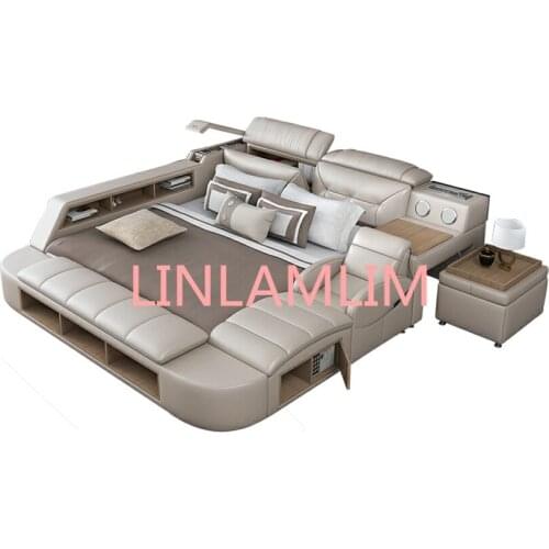 Genuine Leather multifunctional massage bed frame modern Nordic camas ultimate bed With storage LED light Bluetooth speaker safe
