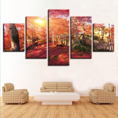 Canvas Wall Art 5 Piece HD Prints Landscape Picture Red Forest Sunshine Poster Home Decor Living Room Decoration Paintings