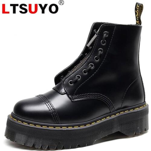 Mens and womens high-top leather Martin boots, front zip thick-soled motorcycle boots, British leather boots