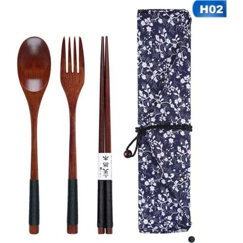 3pcs Portable Spoon Fork Chopsticks Wooden Cutlery Sets Travel Dinnerware Suit Environmental with Cloth Bag for Tableware Gift