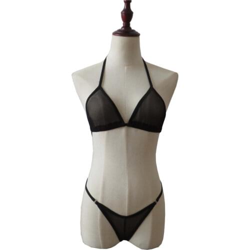 New see through bikini Sexy swimwear women swimsuit women biquini mini bikinis Net yarn Solid color Halter Lace Dew point Thong