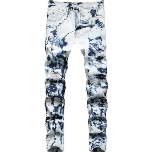 KIOVNO New Mens High Street Ripped Jeans Tie Dye Streetwear Denim Trousers For Male Pants Hip Hop
