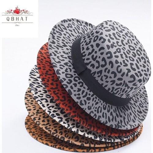 QBHAT Leopord Pattern Printed Faux Wool Felt Hat Women Ladies Flat Top Panama Fedora Hats Retro Formal Party Dressy Felt Cap