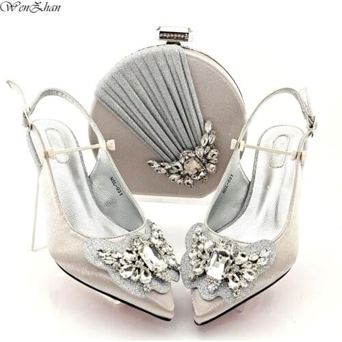 Silver African Fashion Crystal Woman Shoes And Bag Set 7.5cm For Wedding Latest Italian Sandals Shoes And Matching Bag Set B13-5