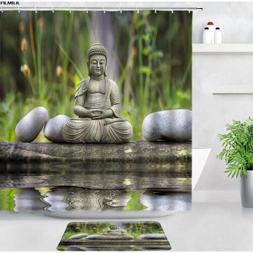 Zen Green Bamboo Buddha Shower Curtains Bath Mat Set Black Stone Garden Scenery Home Decor Door Pad Bathroom Carpet Non-slip Rug
