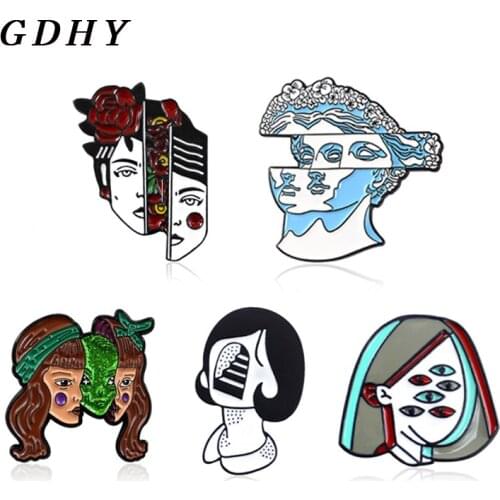 GDHY Womens Brooches Blue Flower Hair Statue David No Face Girl Rose Lady Split Face Green Alien Monster Girl Stairs Enamel pin