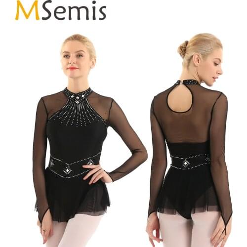 MSemis Ballet Clothing for Women Clothes Shiny Rhinestones Fingertip Long Sleeve with Fingerti Mesh Splice Ballet Leotards Dress