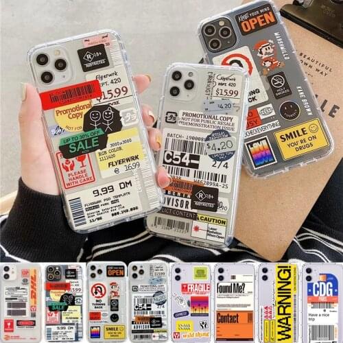 Hot Stickers Bar Code Label Case For iPhone 12 11 Pro XS Max X XR 7 8 Plus Clear Soft DHL Express Cover for iPhone 12mini Funda