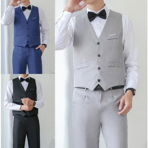 Business Suit Set V Neck Breathable Comfortable Skin-friendly Formal Men Solid Color Buttons Vest Shirt Pants for Wedding