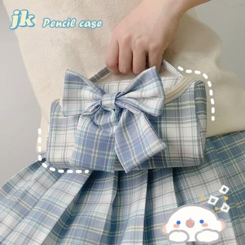 JK Plaid Pencil Bag Pen Case with Bowknot Cute Japanese Lattice Design Handbag Storage Pouch Stationery School Girl Gift F643