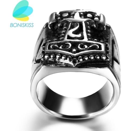 Boniskiss Vintage 316L Stainless Steel Rings For Men Silver Color Thors Hammer Male Retro Punk Brand Ring Jewelry Bague Homme