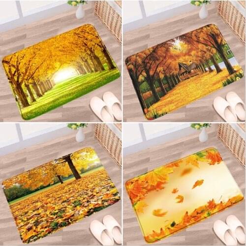 Autumn Landscape Bathroom Mat Forest Tree Fallen Leaves Farmhouse Non-slip Rugs Flannel Fabric Bath Kitchen Doorway Aisle Carpet