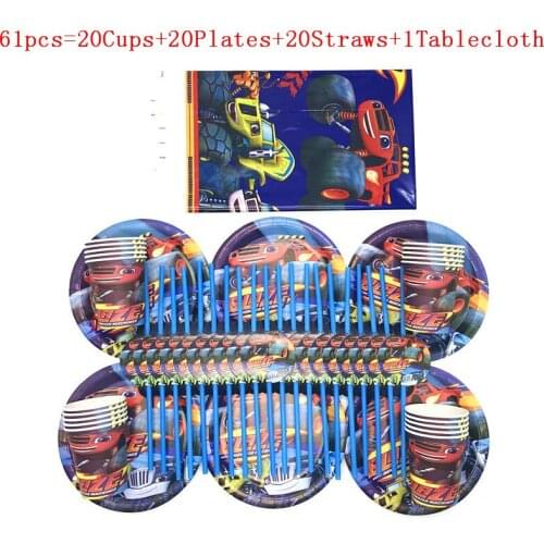 61Pcs Hot Cartoon Blaze and the Monster Machines Child Boys Birthday Wedding Flexible Straw Paper Cup Plate Decoration Supplies