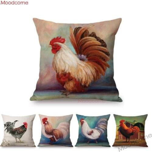 Oil Painting Rooster Chicken Farm Animal Home Decorative Throw Pillow Case Cotton Linen Car Hen with Baby Chicks Cushion Cover
