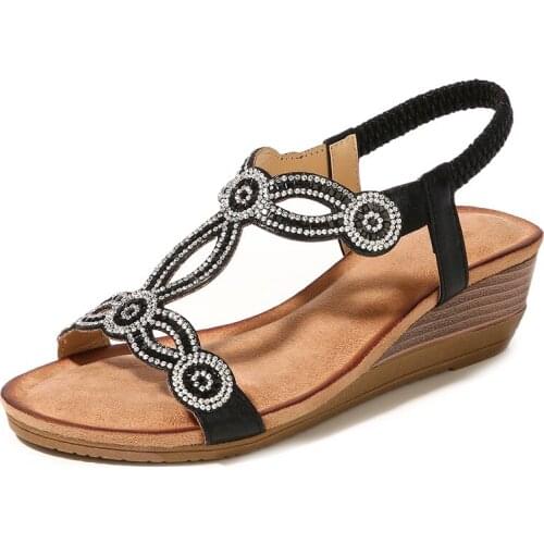 Womens new retro wedge with rhinestone round toe sandals midsole soft and comfortable womens shoes