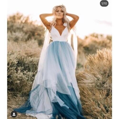 Verngo White And Blue A Line Beach Wedding Dress V Neck Tulle Country Bridal Dresses Lace Up Plus Size Formal Gowns