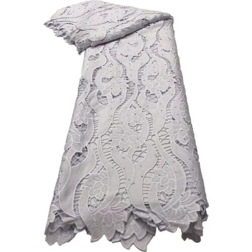 Latest Pure White African Lace Fabric High Quality Guipure Cord Water Soluble 2021Nigerian Mesh Lace Fabric With Stone For Dress