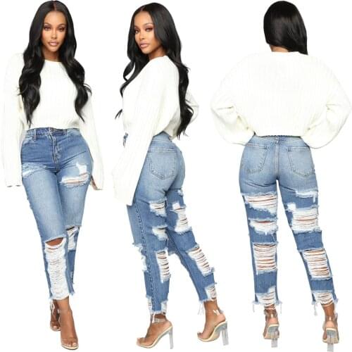 Clothing vendors Wholesale fall clothing plus size high waist ladies denim blue jeans trousers for women