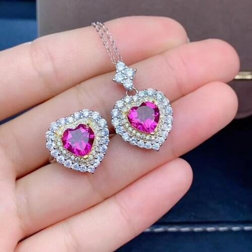 Heart style pink topaz ring and necklace jewelry set for women real 925 sterling silver heart natural gem birthday date gift