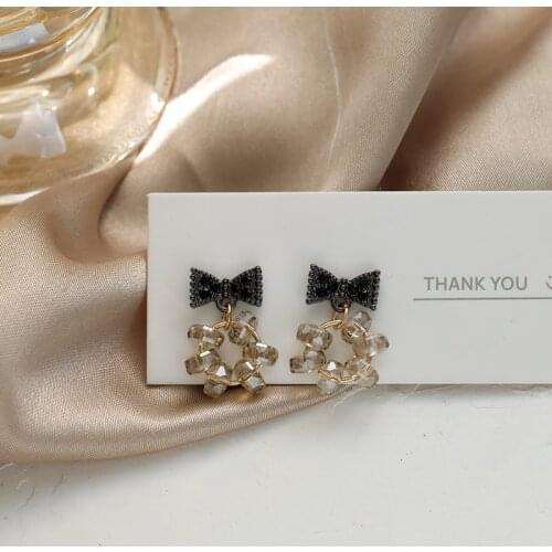 Temperament Korean Style Black Bow Clip Earrings No Hole Retro Small Gray Crystals Round Clip on Earrings Without Piercing