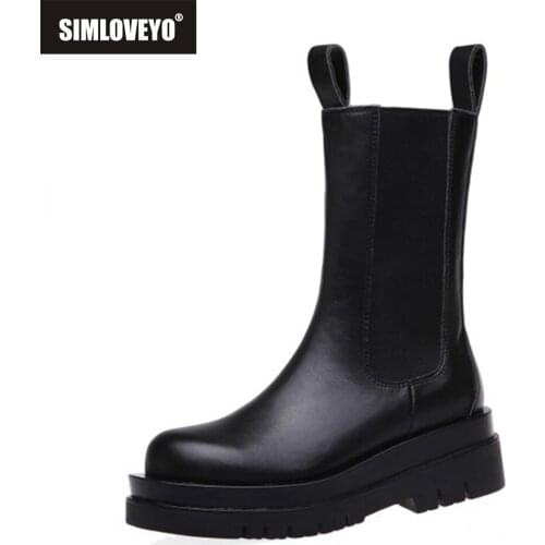 SIMLOVEYO Size 33-43 Fashion Genuine Leather Boots Women Thick Sole Chelsea Boots British Style Winter Platform Ankle Boots Cool