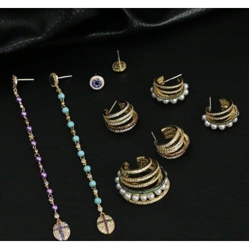 Top Quality Gold Color Micro Pave Top CZ Crystals Pearl Multi-layer Circle Earrings For Women INS Jewelry