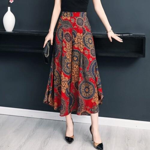 Print Wide leg Pant Women Elastic Waist Skirt Pants Summer Loose Skirt Trousers Women Plus Size 4XL Cotton Pantalones Mujer 2029