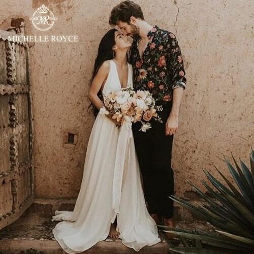 Michelle Royce A-Ling Wedding Dresses 2020 Sexy Deep V-neck Criss-Cross Backless Chapel Train Bridal Gowns Vestido De Noiva