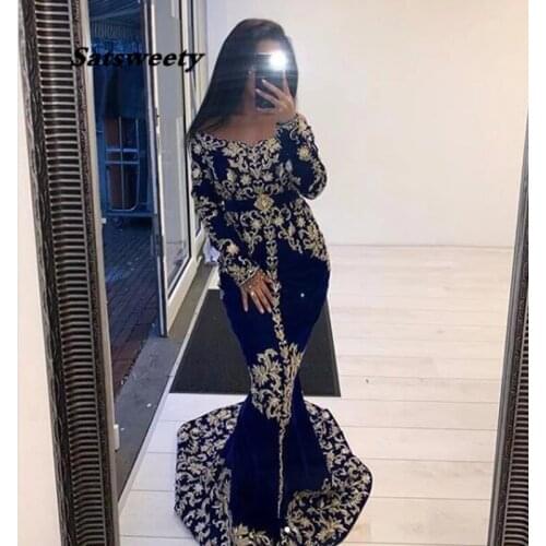 Mermaid Caftan Evening Dresses Arabic Long Sleeve Velvet Lace Prom Gowns Karakou Formal Party Dress 2021
