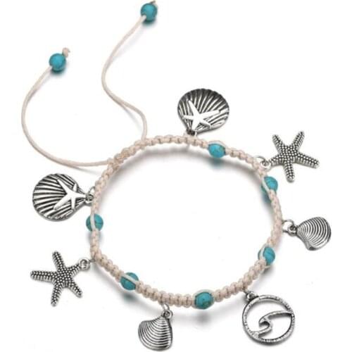 ZV Bohemian Handmade Starfish Weave Pattern Shell Pendant for Female and Male Casual Gift Beach Sandal Anklet Shell Jewelry