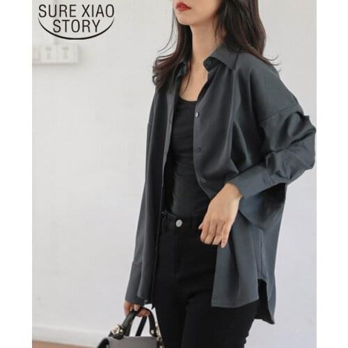 2021 Autumn Winter Long Sleeve Vintage Women Shirts Blusas Mujer De Moda Women Loose Gray Solid Plus Size Women Blouses 6592 50
