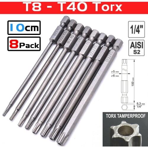 8Pcs 100mm Long Torx Screwdriver Bits Set Hex Shank Security Tamper Proof Screw Driver T8 T10 T15 T20 T25 T27 T30 T40 Bits Tool