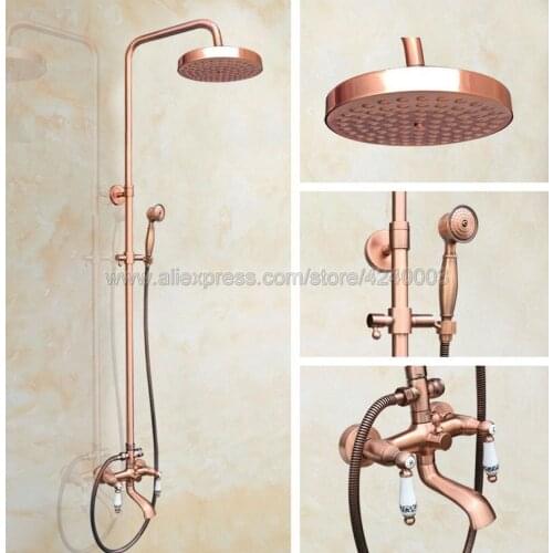 Antique Red Copper Shower Faucet Wall Mount Rain Shower Set Faucet Bathroom Dual Handheld Bathtub Mixer Tap Krg542