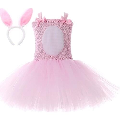 Girls Pink Rabbit Dress 1-12 Years Fluffy Bunny Cosplay Costume for Kid Easter Halloween Little Girls Birthday Party Decoration