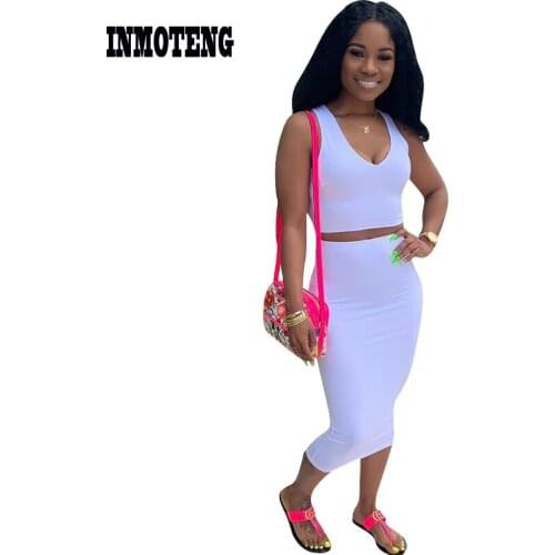 INMOTENG Women 2019 Summer Solid Color Short Tank Top Bodycon Midi Skirts Suit Two Piece Set Tracksuit Plus Size S-XXL 5 Colors