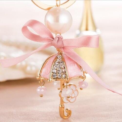 JINGLANG Couple Pink Ribbon Bowknot Umbrella Shape Alloy Keychain Girls All-match Bag Souvenir Ornament