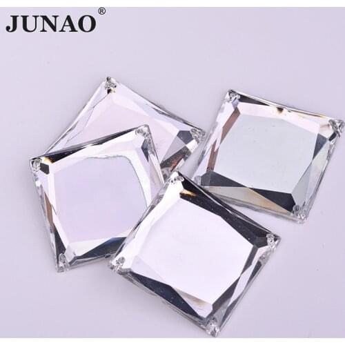 JUNAO 20pcs 35mm Large Clear White Crystals Sewing Mirror Rhinestones Flat Back Square Crystal Appliques Sew On Acrylic Stones