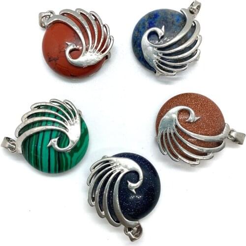 Natural Stone Necklace Pendant Malachite Blue Sandstone Lapis Lazuli Peacock Pattern Inlaid Pendant Handmade DIY Jewelry Making