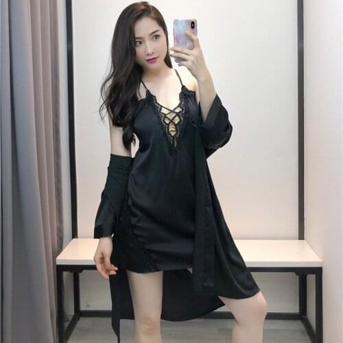 Summer Female Ice Silk Sex Appeal Hot Sexy Lace Seduction Condole Belt Sleep Skirt Nightgown Two Sets Intimate Lingerie Bathrobe