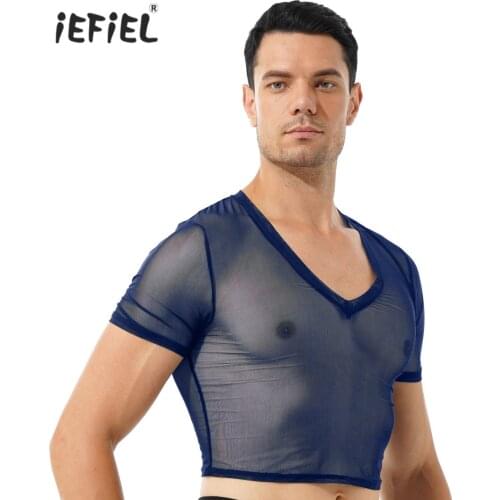 Men Short Sleeve Transparent T-Shirts Sissy Clubwear V Neck Bodycon Crop Tops Sheer Mesh Casual Shirts Tops for Music Festival