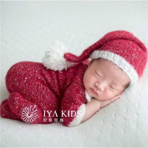 Newborn Christmas Outfit Knit Baby Sleeper Hat Vintage Newborn Footed Romper Crochet Onesie Neutral Baby Photography Bonnet Prop