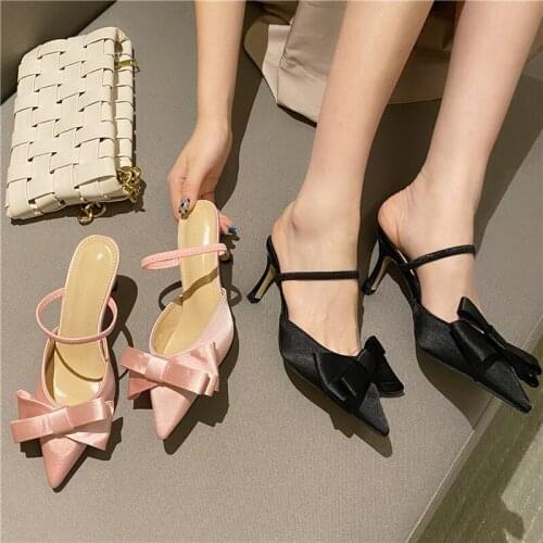 Pointed half slippers womens outer wear 2021 new Baotou fashion bow high-heeled stiletto lazy Muller sandals and slippers