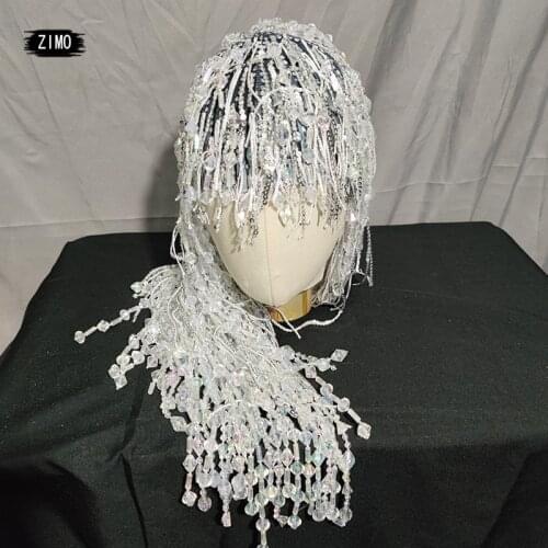 Designer Silver Sequin Crystal Tassel Wigs Birthday Party Rhinestones Headwear Club Stage Dancer Singer drag queen Accessories