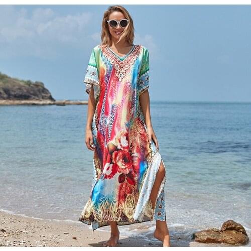 Boho Print Polyester Beach Cover Up Bathing Suit for Women Pareo Beach Swim Cover Up Saida De Praia Robe Plage Beach Dress